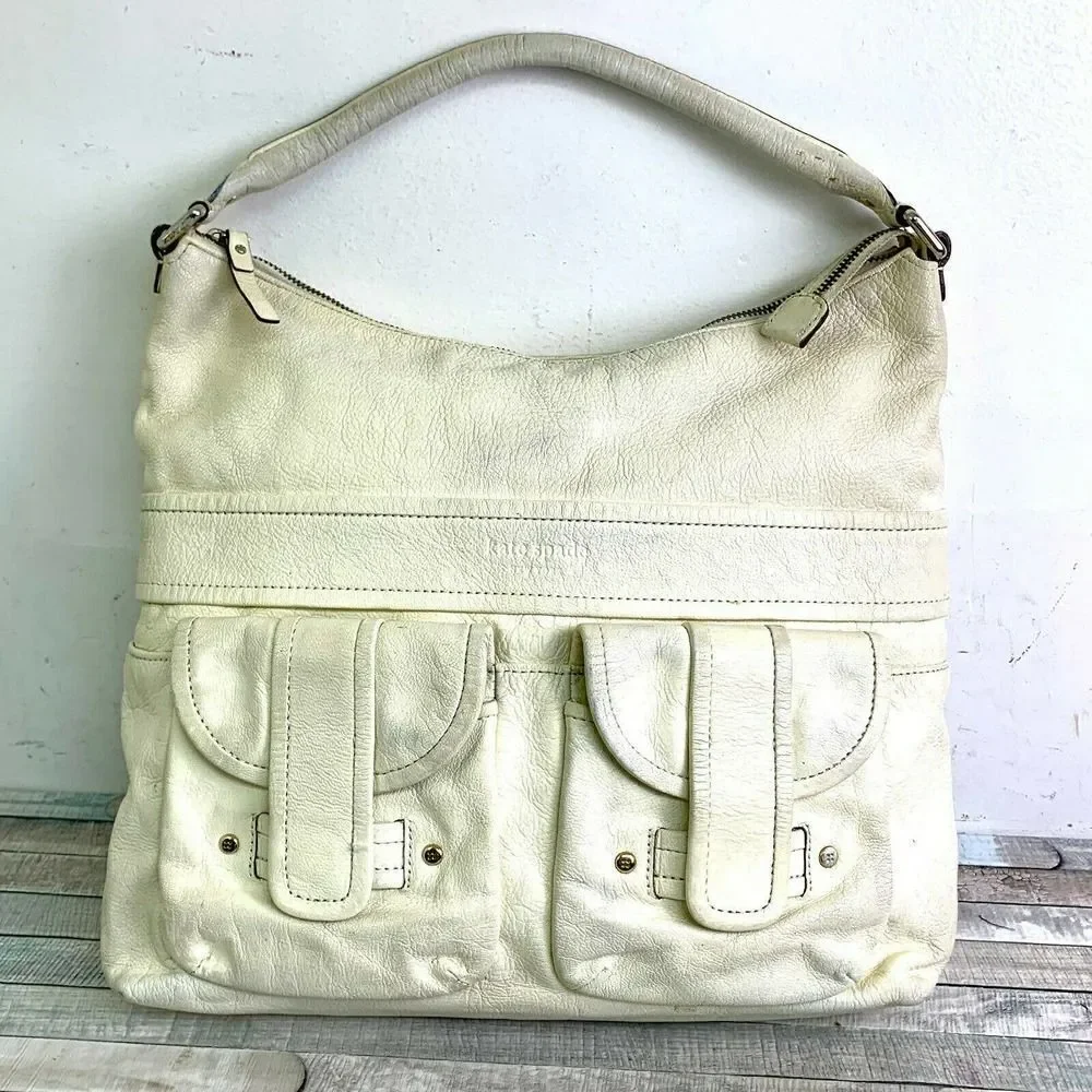 KATE SPADE NEW YORK IVORY CREAM GENUINE LEATHER ZIP TOP HOBO SHOULDER BAG PURSE